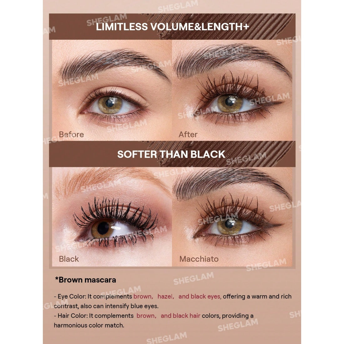 Mascara Volume & Longueur Tout-en-un SHEGLAM-Imperméable Macchiato